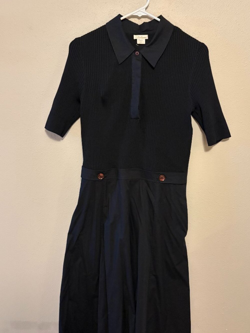 Shoshanna Black Ribbed Knit Polo Midi Dress Size M Collared